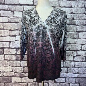 Chico's Black, Gray & Purple V-Neck 3/4 Sleeve Blouse Size L